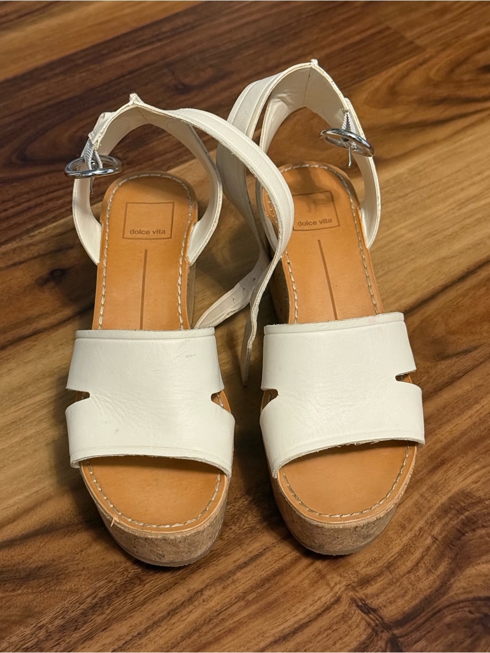 Dolce Vita Creamy White Leather Cork Wedge Sandals with Ankle Strap